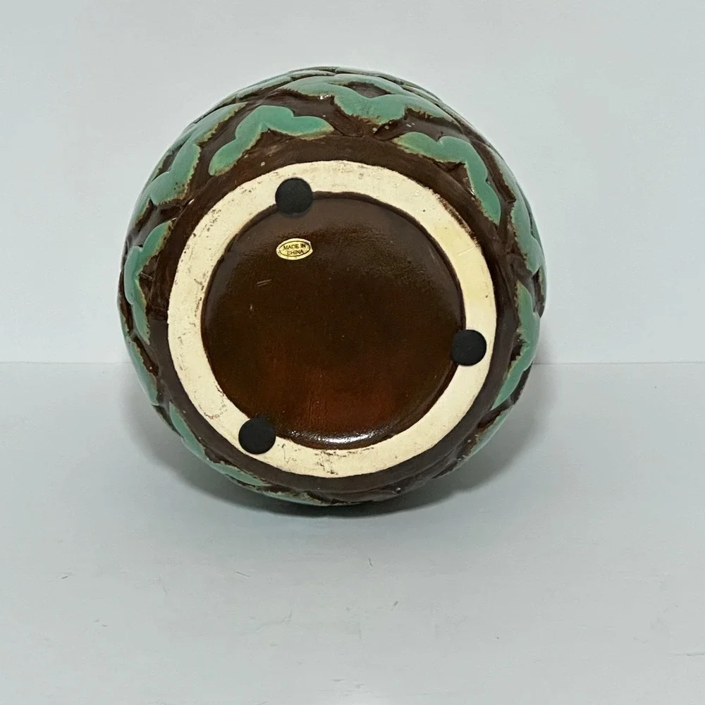 Textured Teal Brown Ceramic Bud Vase Geometric Quatrefoil Boho MCM 6.5 Inch
